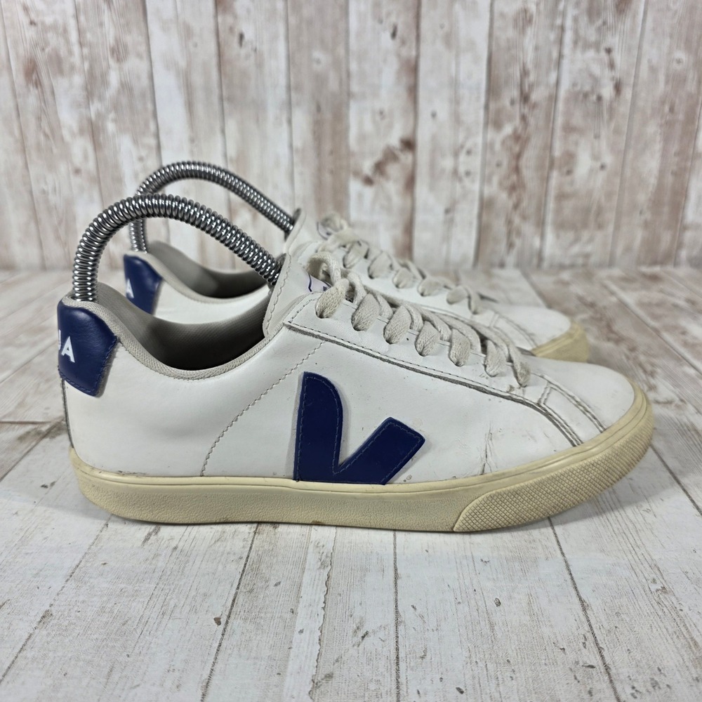 Veja Esplar Leather Sneakers White Navy Low Top Shoes Womens 5 EU 36